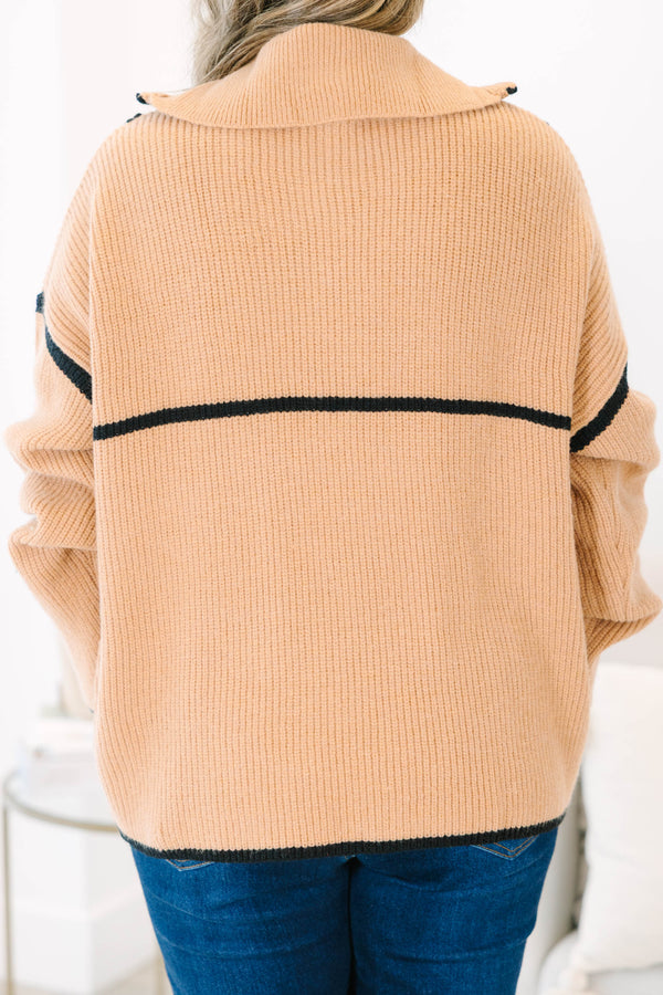 Chic Soul Plus size Clothing, taupe long sleeve sweater pullover with a zipper and black stitching details on the sleeves and neckline 