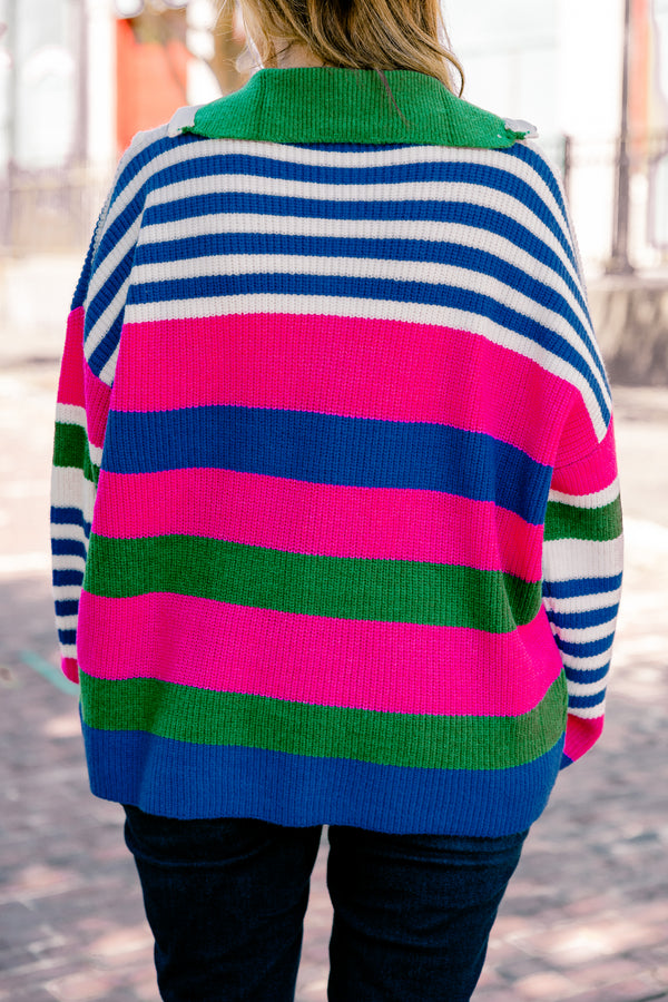 Chic Soul plus size clothing, blue multi colored sweater with a striped pattern and a zipper on the chest 