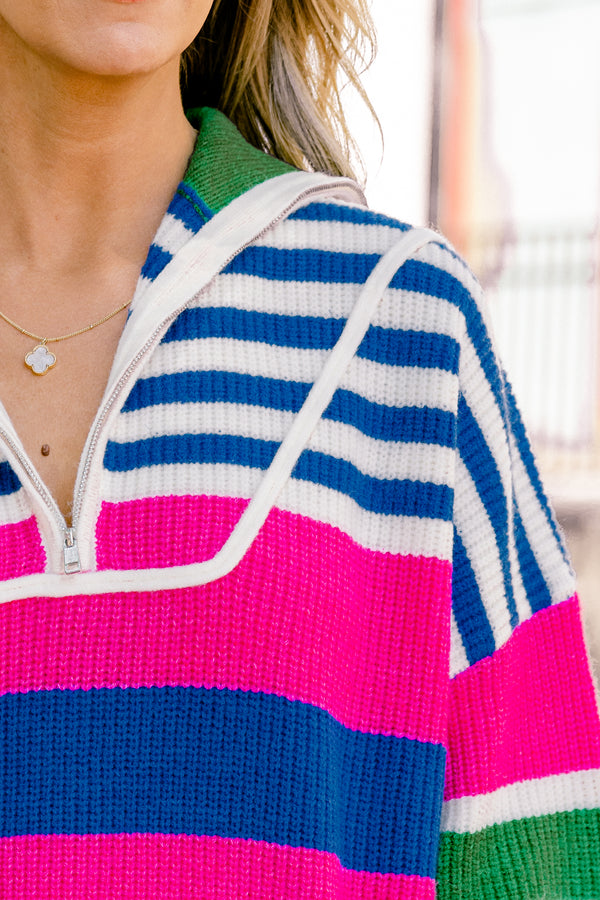 Chic Soul plus size clothing, blue multi colored sweater with a striped pattern and a zipper on the chest 
