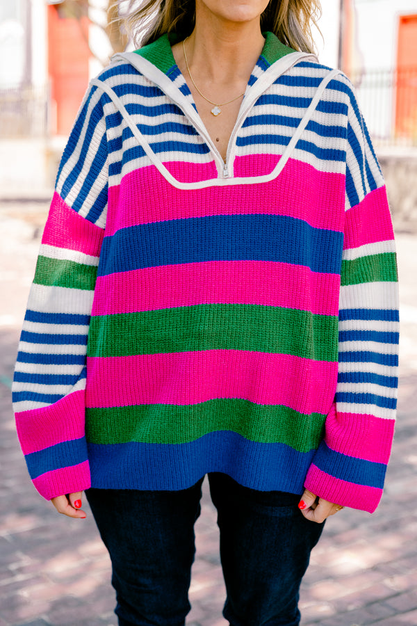 Chic Soul plus size clothing, blue multi colored sweater with a striped pattern and a zipper on the chest 
