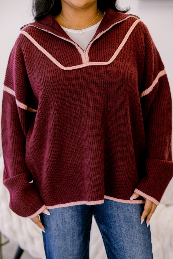 Chic Soul plus size clothing, burgundy knit 1/4 zip sweater with light pink trim
