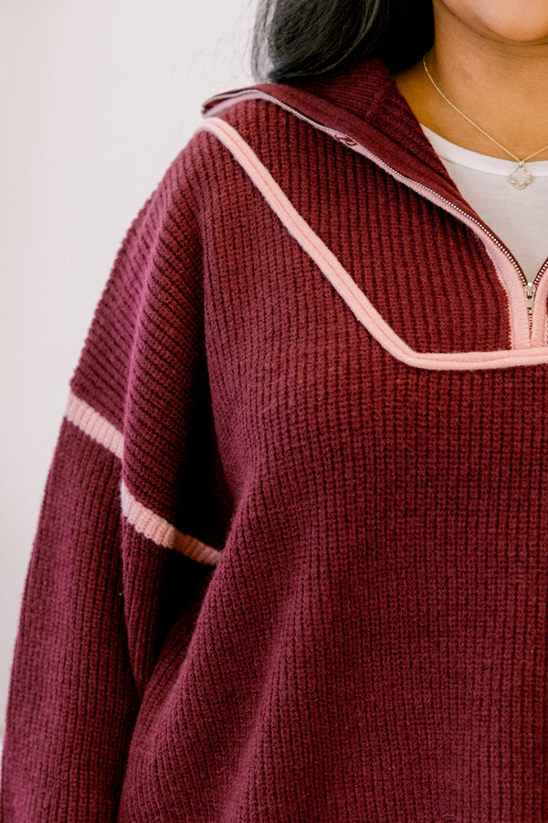 Chic Soul plus size clothing, burgundy knit 1/4 zip sweater with light pink trim