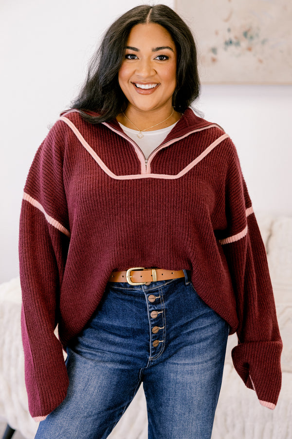 Chic Soul plus size clothing, burgundy knit 1/4 zip sweater with light pink trim