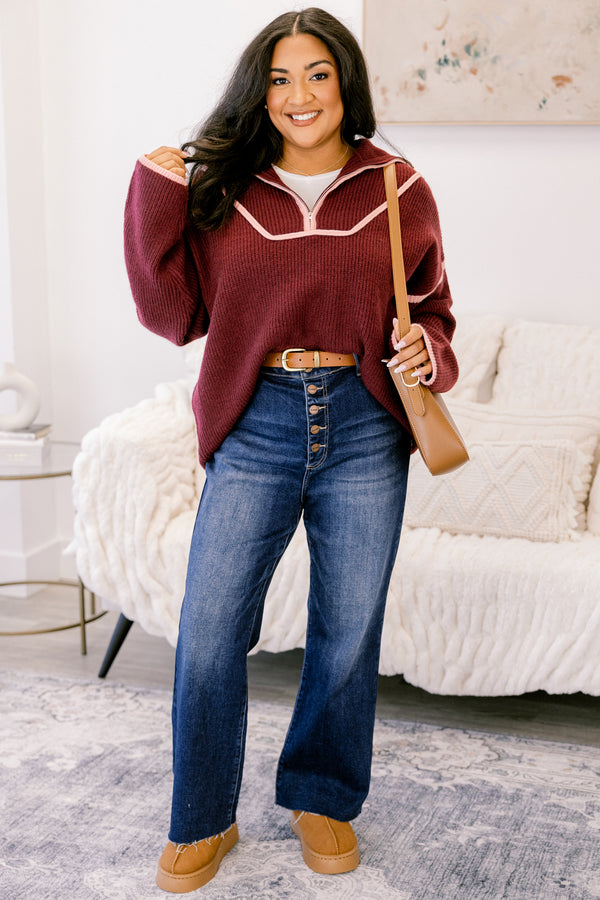 Chic Soul plus size clothing, burgundy knit 1/4 zip sweater with light pink trim