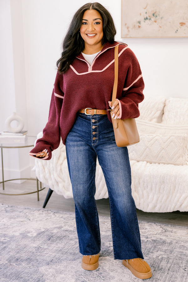 Chic Soul plus size clothing, burgundy knit 1/4 zip sweater with light pink trim