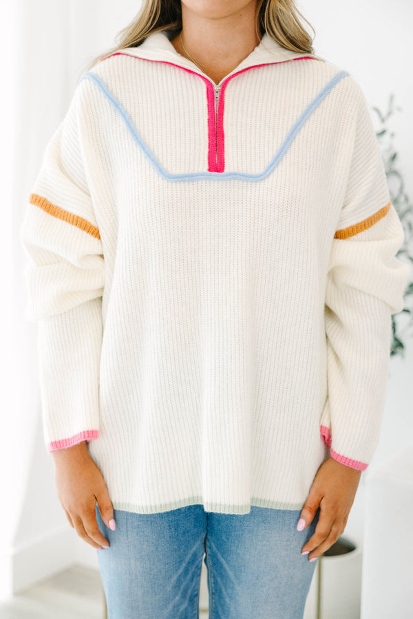 Chic Soul plus size clothing, cream long sleeve knit sweater pullover with zip up collar detail with multi color outlining along chest and neckline and sleeves and bottom