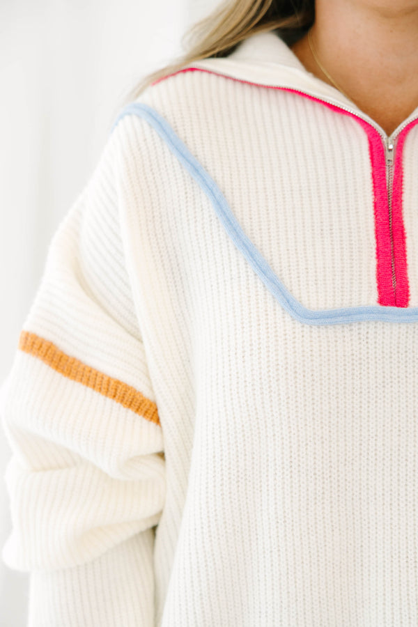 Chic Soul plus size clothing, cream long sleeve knit sweater pullover with zip up collar detail with multi color outlining along chest and neckline and sleeves and bottom