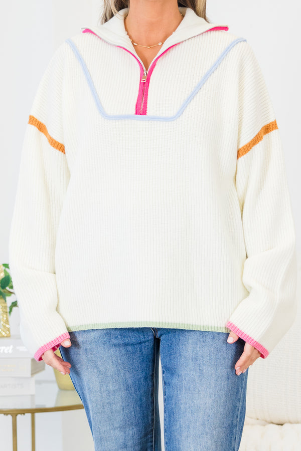 Chic Soul plus size clothing, cream long sleeve knit sweater pullover with zip up collar detail with multi color outlining along chest and neckline and sleeves and bottom