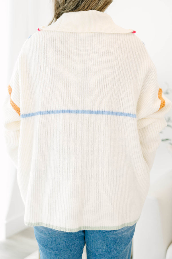 Chic Soul plus size clothing, cream long sleeve knit sweater pullover with zip up collar detail with multi color outlining along chest and neckline and sleeves and bottom