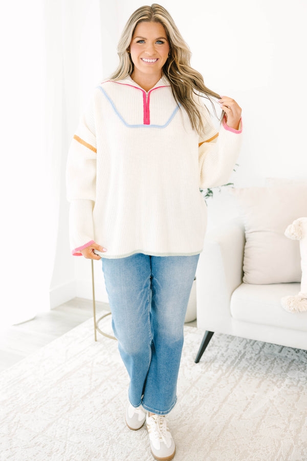 Chic Soul plus size clothing, cream long sleeve knit sweater pullover with zip up collar detail with multi color outlining along chest and neckline and sleeves and bottom