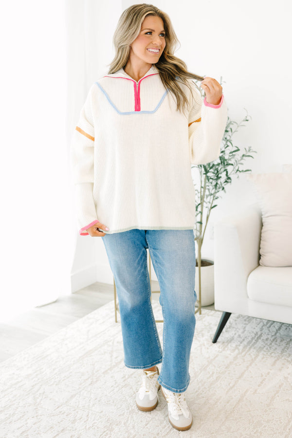 Chic Soul plus size clothing, cream long sleeve knit sweater pullover with zip up collar detail with multi color outlining along chest and neckline and sleeves and bottom