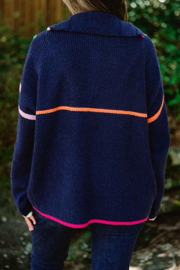 Chic Soul plus size clothing, navy long sleeve quarter zip sweater with bright multi colored trim along the sleeves, hem, and neckline
