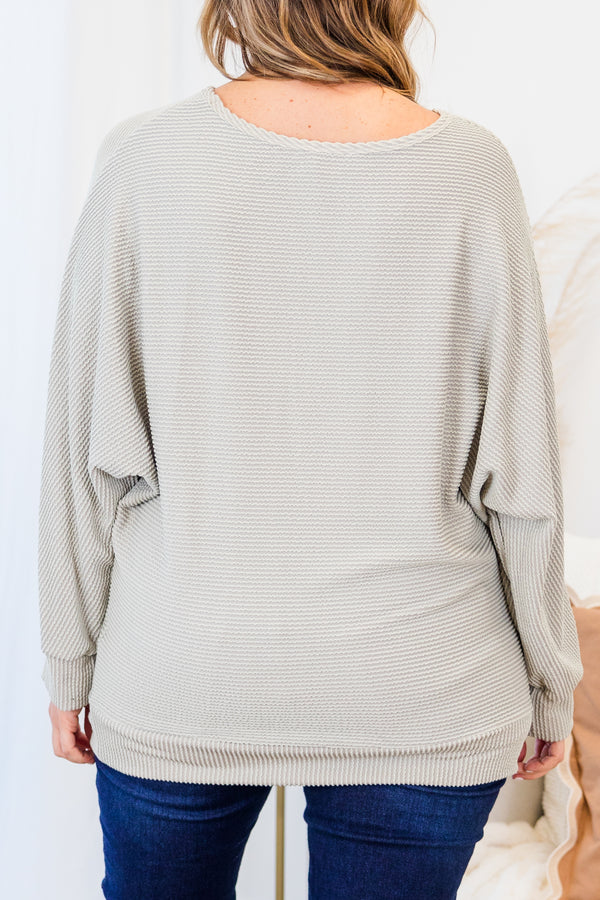 Chic Soul plus size clothing, long-sleeve pearl grey top with scoop-neckline and ribbed material 