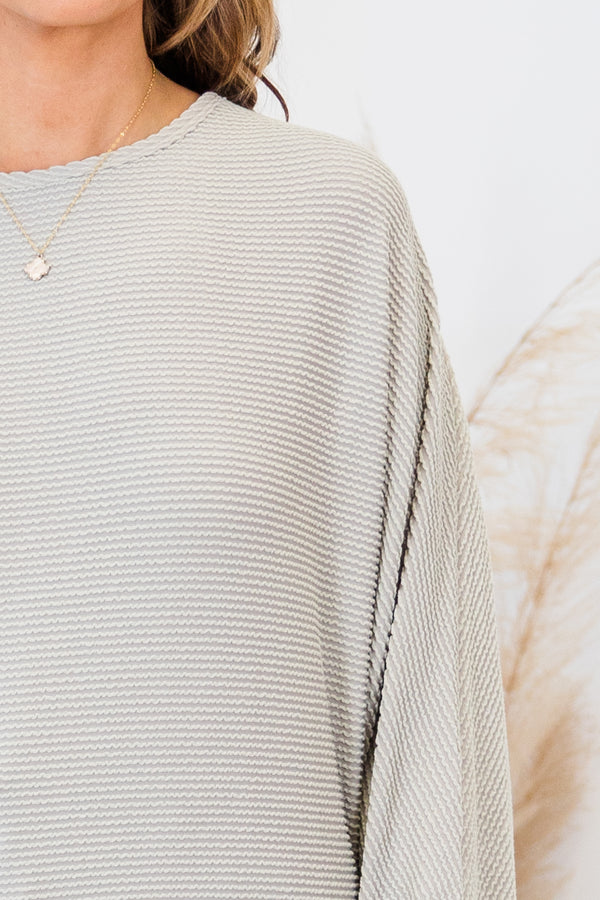 Chic Soul plus size clothing, long-sleeve pearl grey top with scoop-neckline and ribbed material 