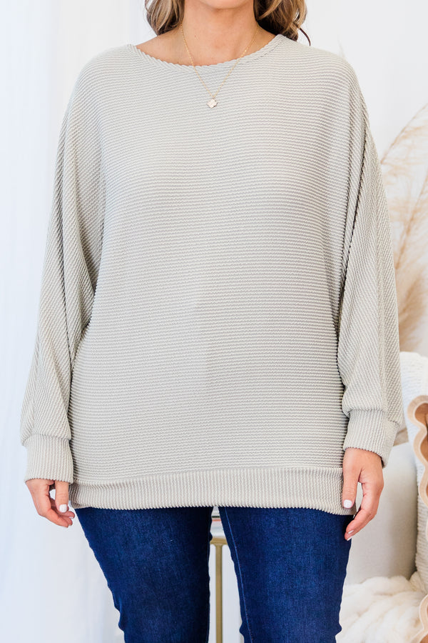Chic Soul plus size clothing, long-sleeve pearl grey top with scoop-neckline and ribbed material 