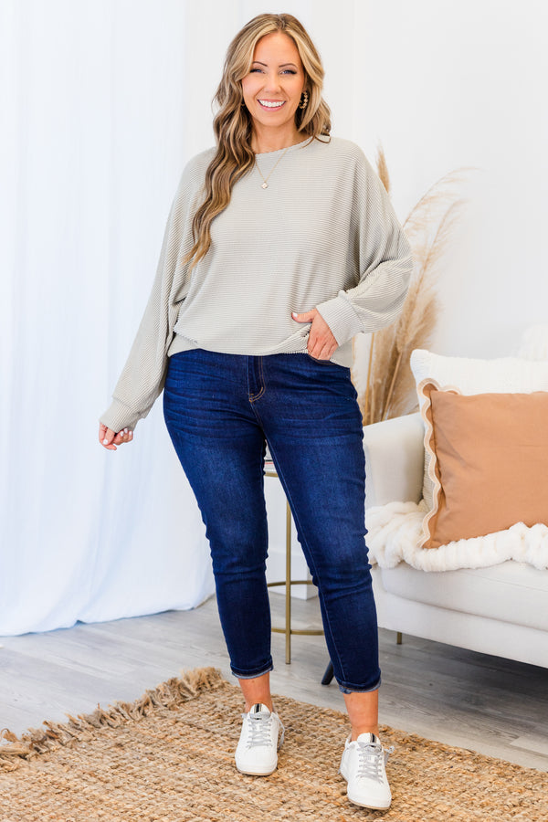 Chic Soul plus size clothing, long-sleeve pearl grey top with scoop-neckline and ribbed material 