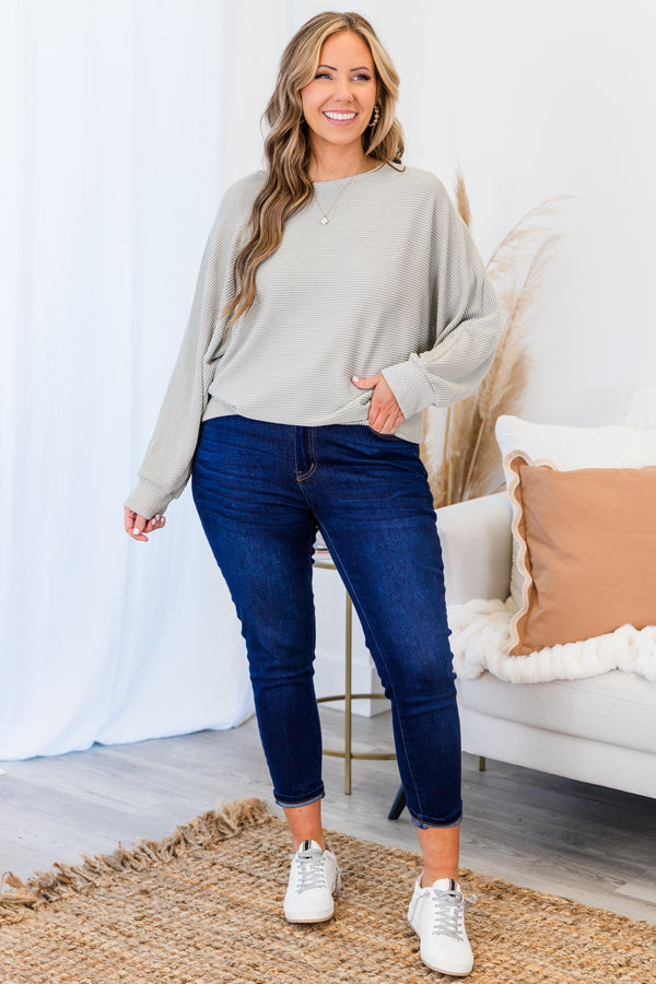 Chic Soul plus size clothing, long-sleeve pearl grey top with scoop-neckline and ribbed material 