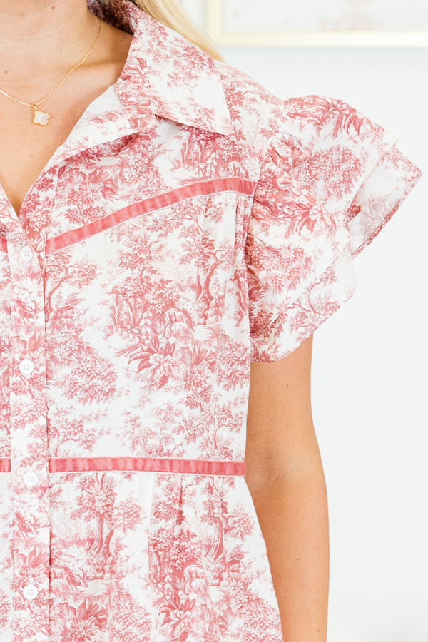Chic Soul plus size clothing, pink short sleeve tiered mini dress with pink toile print with button up detail with collar and ruffle sleeves with pink band detail along tier's