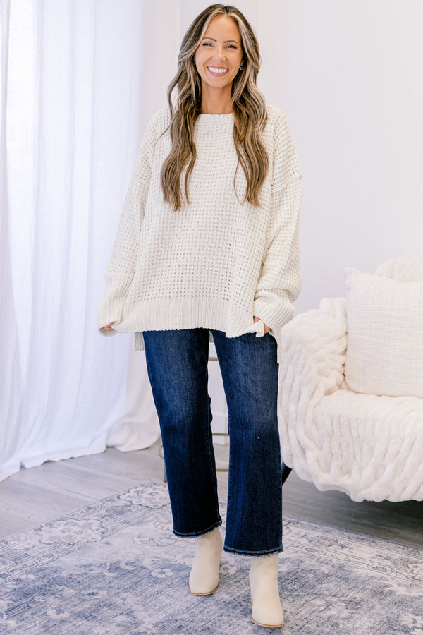 Chic Soul plus size clothing, cream long sleeve chunky knit crewneck sweater 