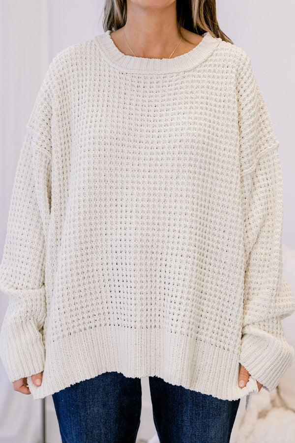Chic Soul plus size clothing, cream long sleeve chunky knit crewneck sweater 