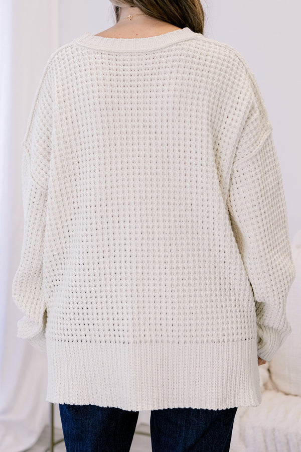 Chic Soul plus size clothing, cream long sleeve chunky knit crewneck sweater 