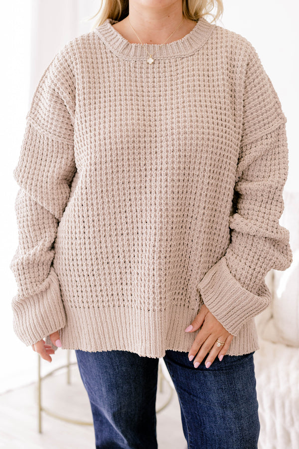 Chic Soul plus size clothing, tan chunky waffle knit oversized long sleeve sweater 