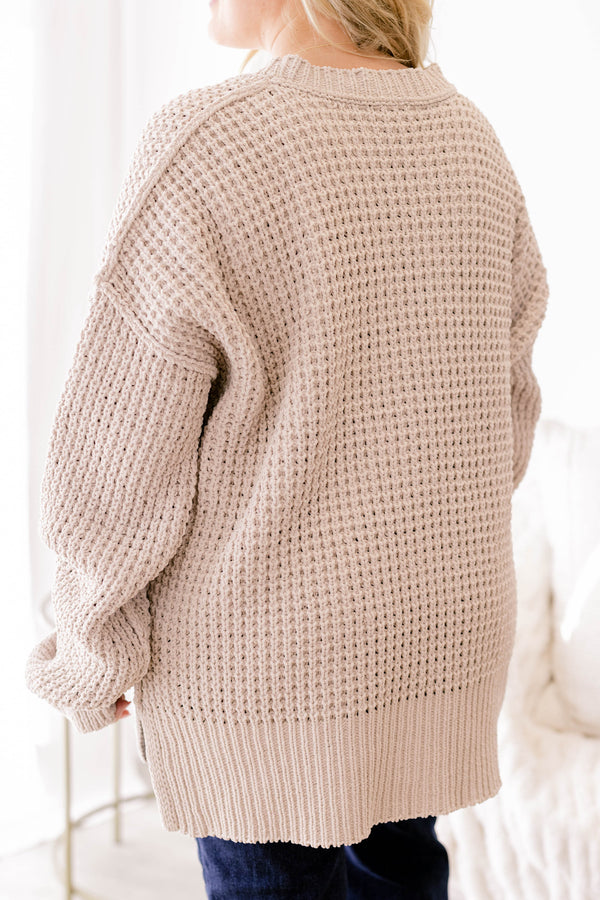 Chic Soul plus size clothing, tan chunky waffle knit oversized long sleeve sweater 