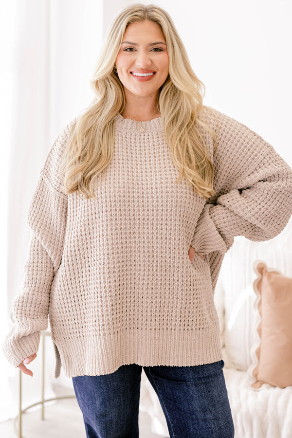 Chic Soul plus size clothing, tan chunky waffle knit oversized long sleeve sweater 