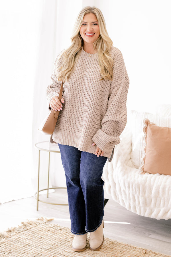 Chic Soul plus size clothing, tan chunky waffle knit oversized long sleeve sweater 