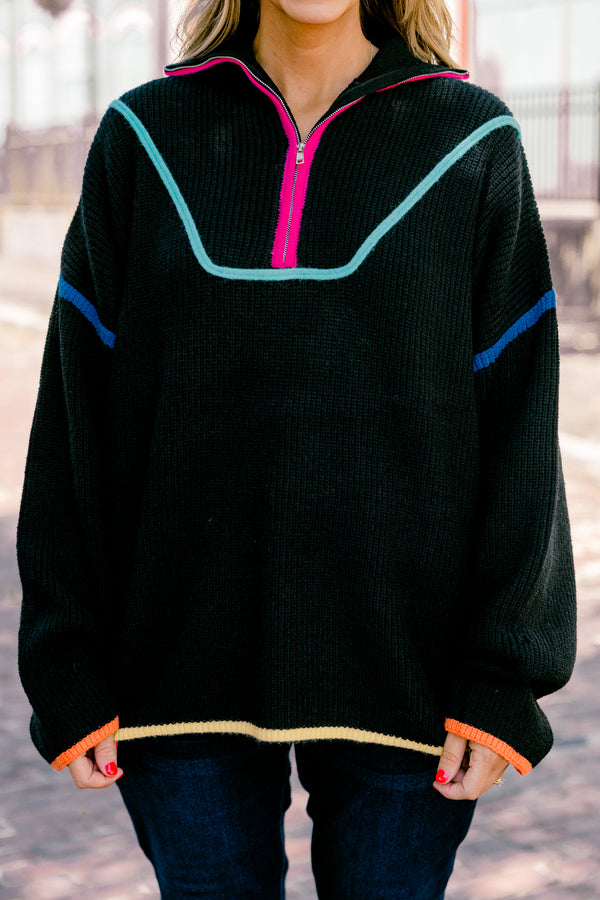 Plus Size black knit quarter-zip sweater with vibrant multi-colored piping and orange cuffs.