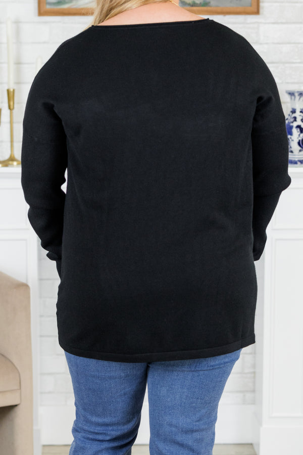 Chic Soul plus size clothing, long-sleeve cozy black sweater with scoop-neckline