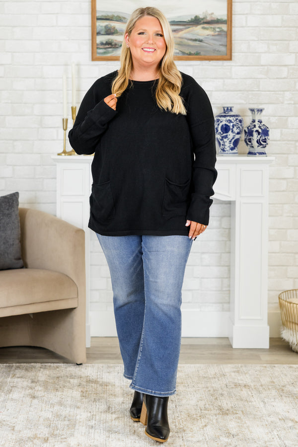 Chic Soul plus size clothing, long-sleeve cozy black sweater with scoop-neckline