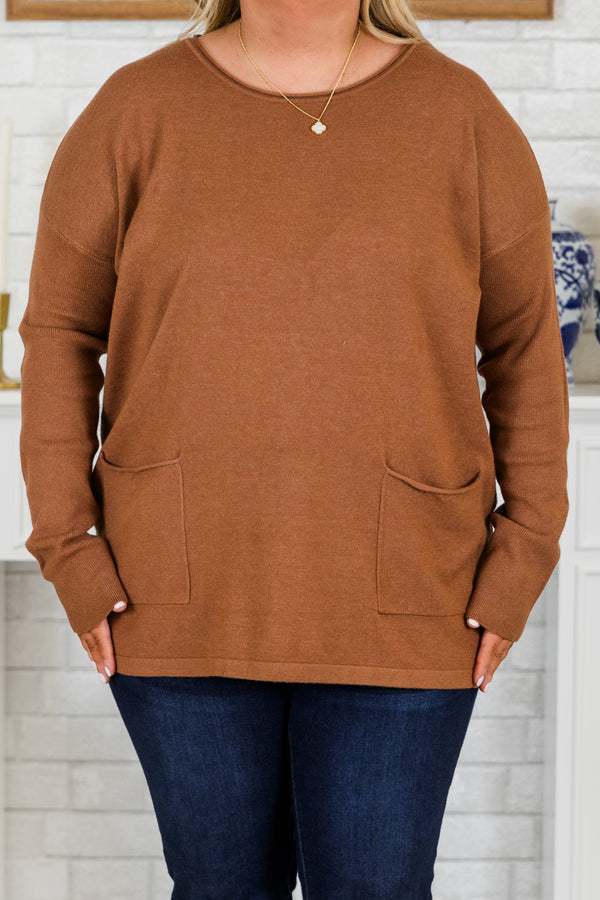 Chic Soul plus size clothing, long-sleeve heather deep camel sweater with scoop-neckline and two pockets on the bottom of the sweater