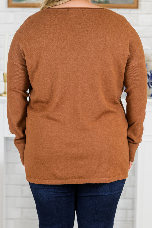 Chic Soul plus size clothing, long-sleeve heather deep camel sweater with scoop-neckline and two pockets on the bottom of the sweater