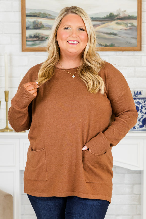 Chic Soul plus size clothing, long-sleeve heather deep camel sweater with scoop-neckline and two pockets on the bottom of the sweater