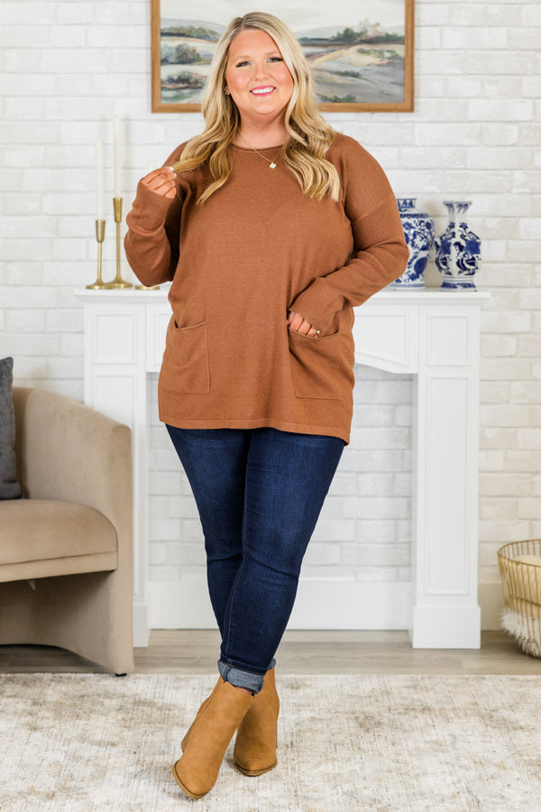 Chic Soul plus size clothing, long-sleeve heather deep camel sweater with scoop-neckline and two pockets on the bottom of the sweater