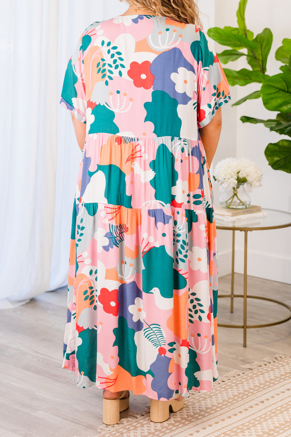 Chic Soul plus size clothing, mauve mix printed maxi dress with short sleeves and v neck with button up detail