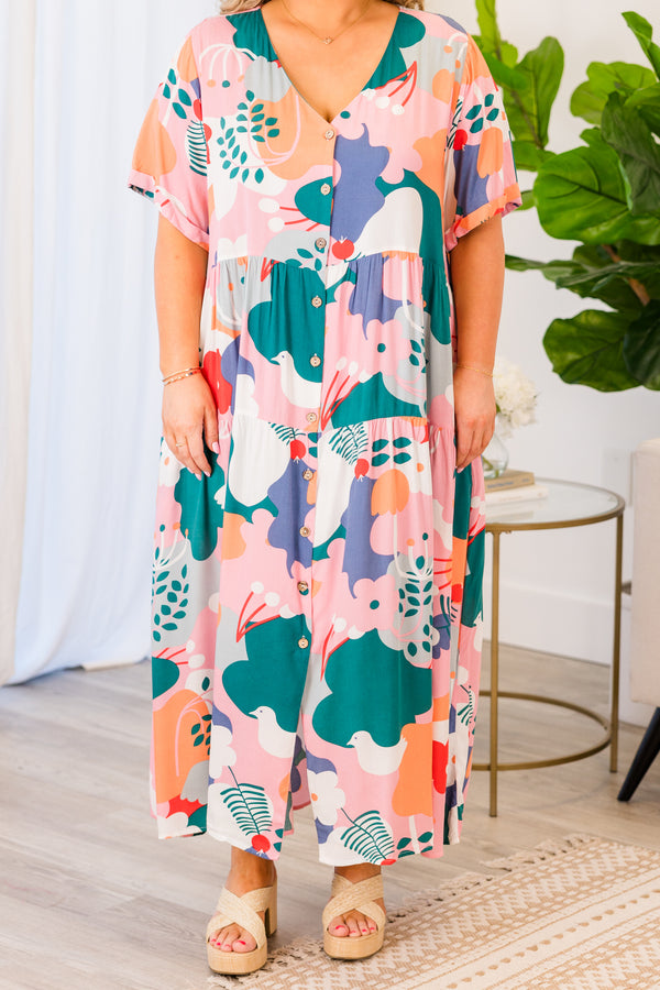Chic Soul plus size clothing, mauve mix printed maxi dress with short sleeves and v neck with button up detail