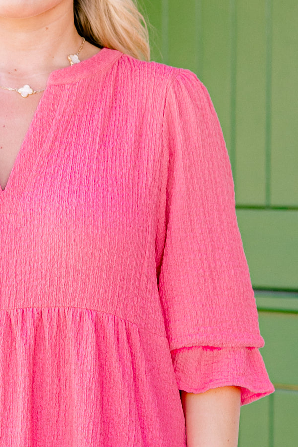 Chic Soul plus size clothing, hot pink half-sleeve ruffle cuffs v-neck tiered midi dress