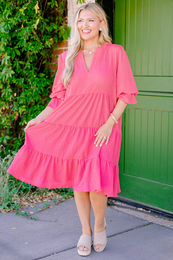 Chic Soul plus size clothing, hot pink half-sleeve ruffle cuffs v-neck tiered midi dress