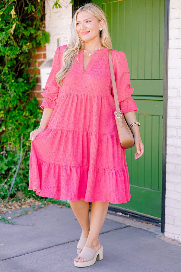 Chic Soul plus size clothing, hot pink half-sleeve ruffle cuffs v-neck tiered midi dress