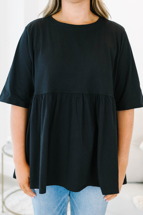 Chic Soul plus size clothing, black solid half sleeve casual babydoll top