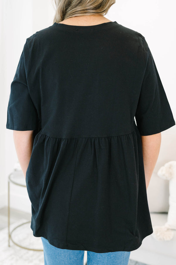 Chic Soul plus size clothing, black solid half sleeve casual babydoll top