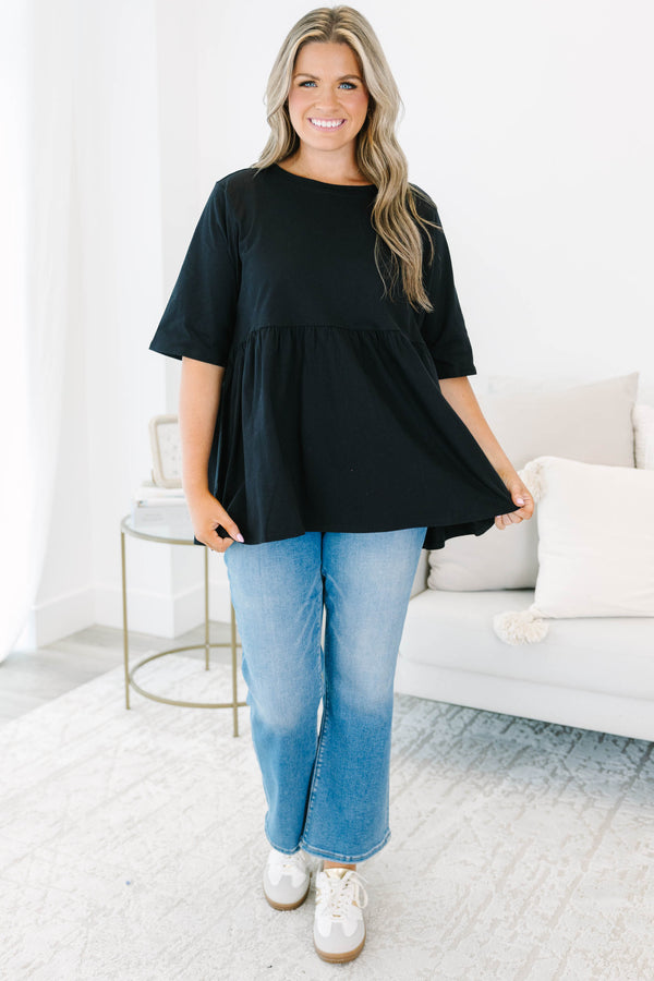 Chic Soul plus size clothing, black solid half sleeve casual babydoll top