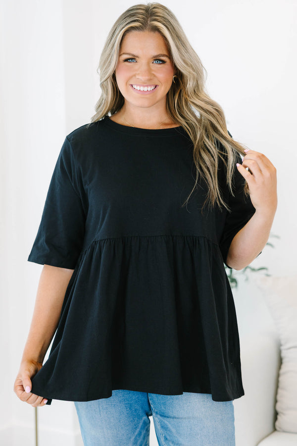Chic Soul plus size clothing, black solid half sleeve casual babydoll top