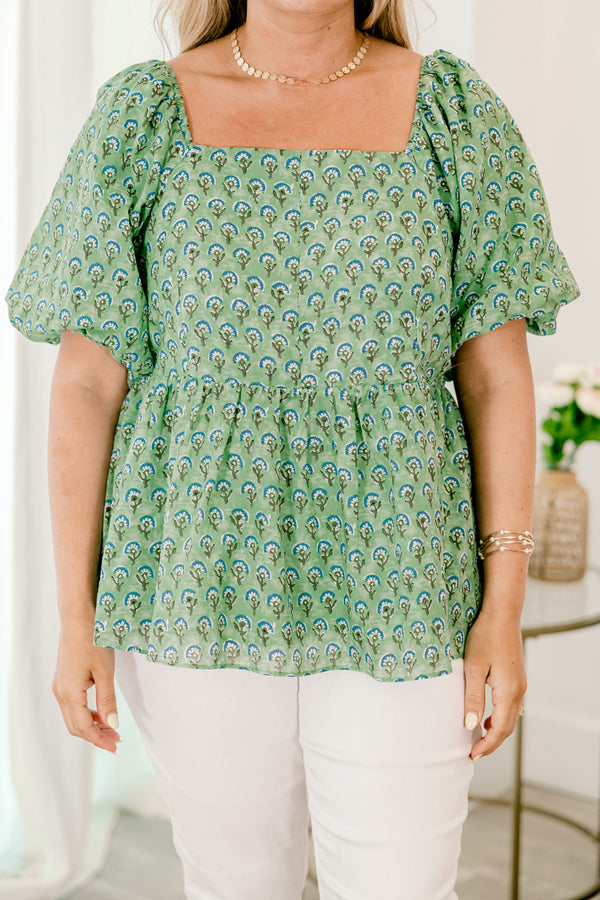 Chic Soul plus size clothing, sage green bubble sleeve babydoll top with blue and white flower pattern