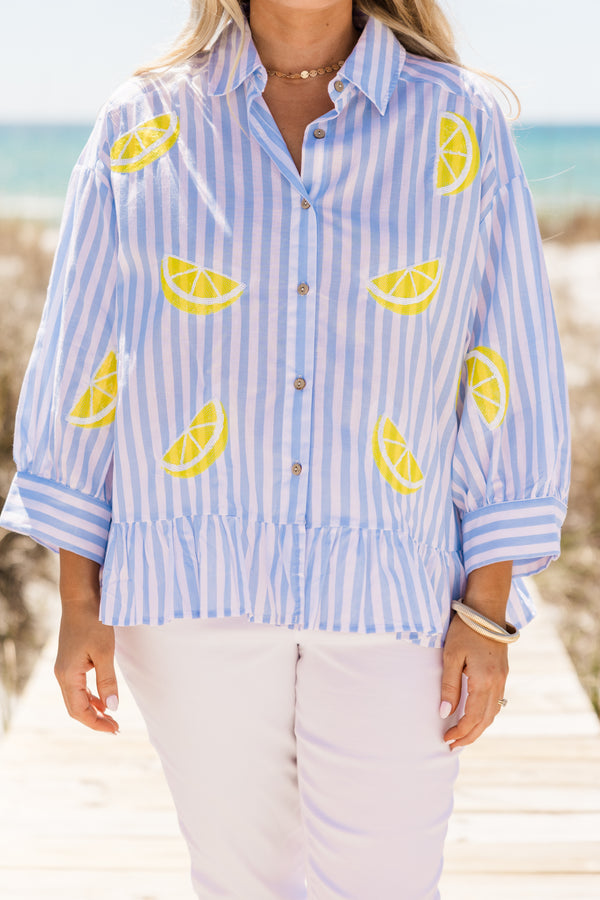Chic Soul plus size clothing, blue and white stripe button up top with collar detail with yellow lemon designs