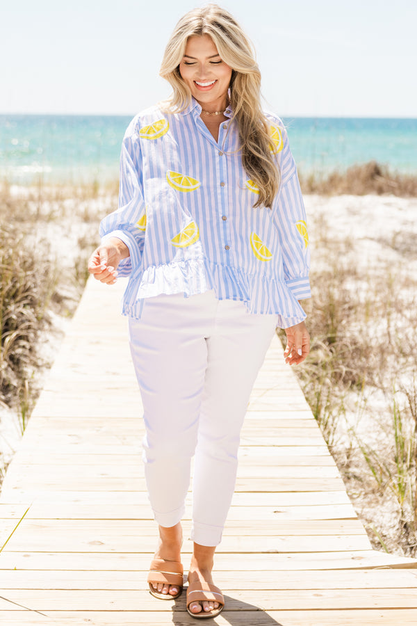 Chic Soul plus size clothing, blue and white stripe button up top with collar detail with yellow lemon designs