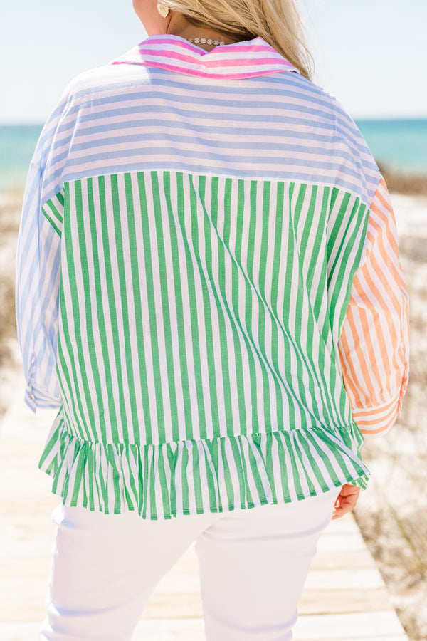 Chic Soul plus size clothing, multi colored stripe design button up top with collar detail with blue on sleeve, orange on sleeve, and pink and green split in the middle