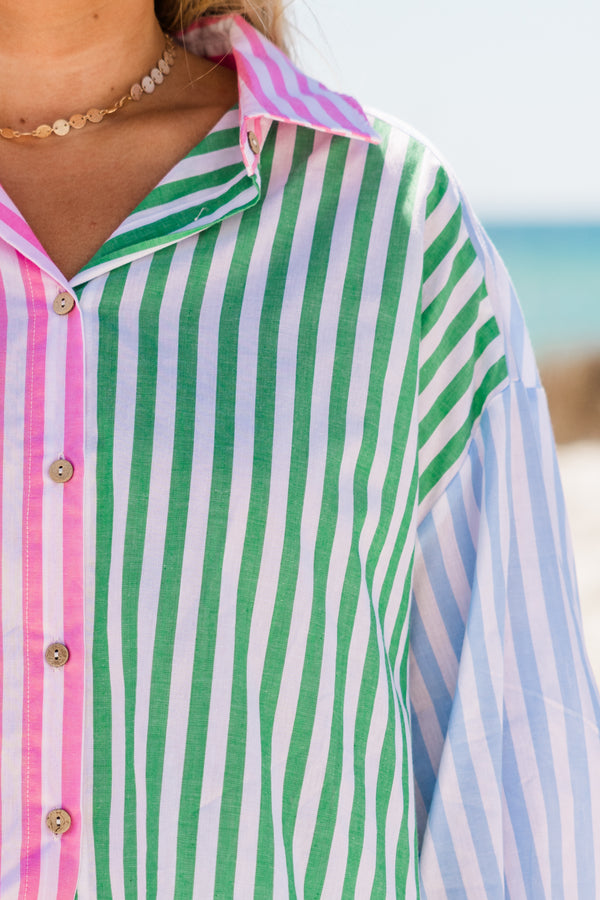 Chic Soul plus size clothing, multi colored stripe design button up top with collar detail with blue on sleeve, orange on sleeve, and pink and green split in the middle